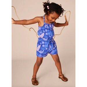 TEA Collection Blue Purple Floral Bird Print Romper Sz 14 Boho Coastal Beach